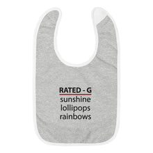 Load image into Gallery viewer, Rated-G Embroidered Baby Bib"Sunshine, Lollipops and Rainbows"